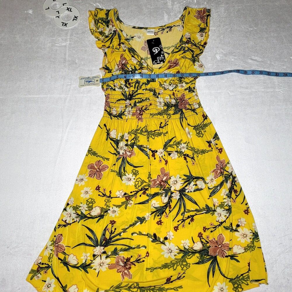 GM Yellow Tropical Floral Smocked Flutter Sleeve Dress L/XL NWT - Picture 5 of 8